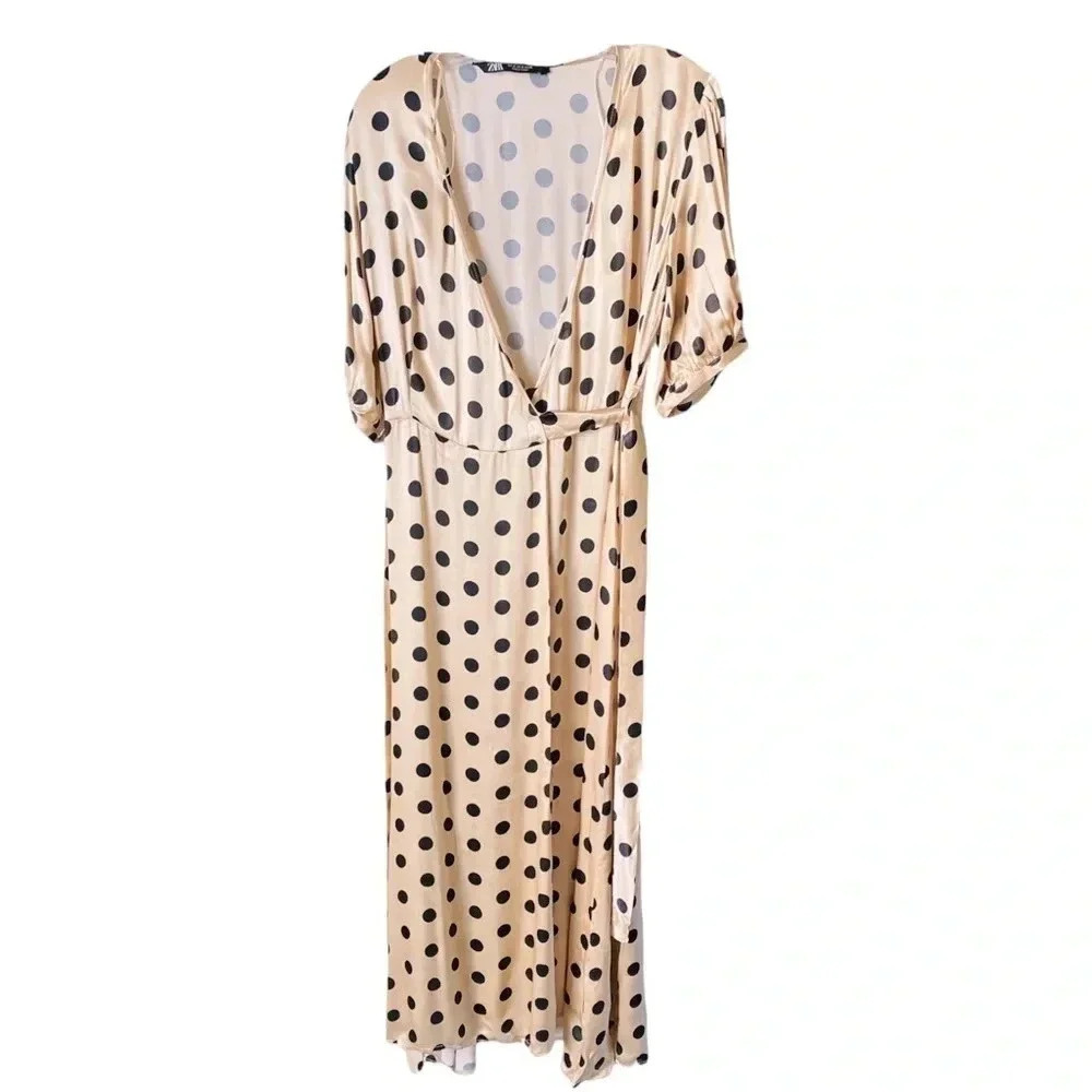 ZARA | Beige and Black Polka Dot Wrap Silk Dress Size S (NWOT) - Picture 4 of 8